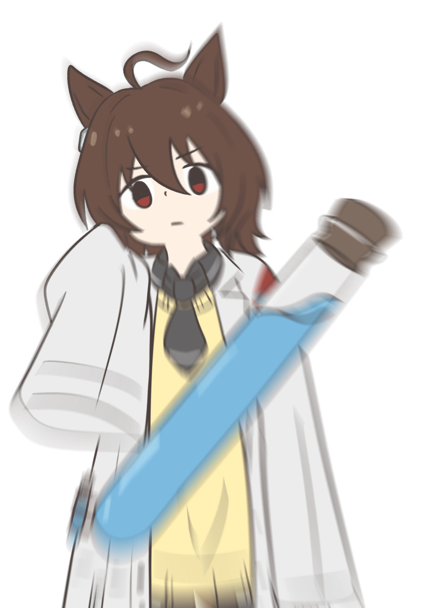 1girl, absurdres, agnes_tachyon_(tach-nology)_(umamusume), agnes_tachyon_(umamusume), ahoge, animal_ears, brown_hair, chemical_structure, earrings, hair_between_eyes, highres, horse_ears, horse_girl, horse_tail, huge_ahoge, jewelry, koshiba_taiyaki, lab_coat, long_sleeves, looking_at_viewer, medium_hair, meme, necktie, red_eyes, shirt, short_hair, short_necktie, single_earring, sleeves_past_fingers, sleeves_past_wrists, solo, sweater, tail, test_tube, umamusume, woe_plague_be_upon_ye_(meme), wolf_cut, yellow_sweater
