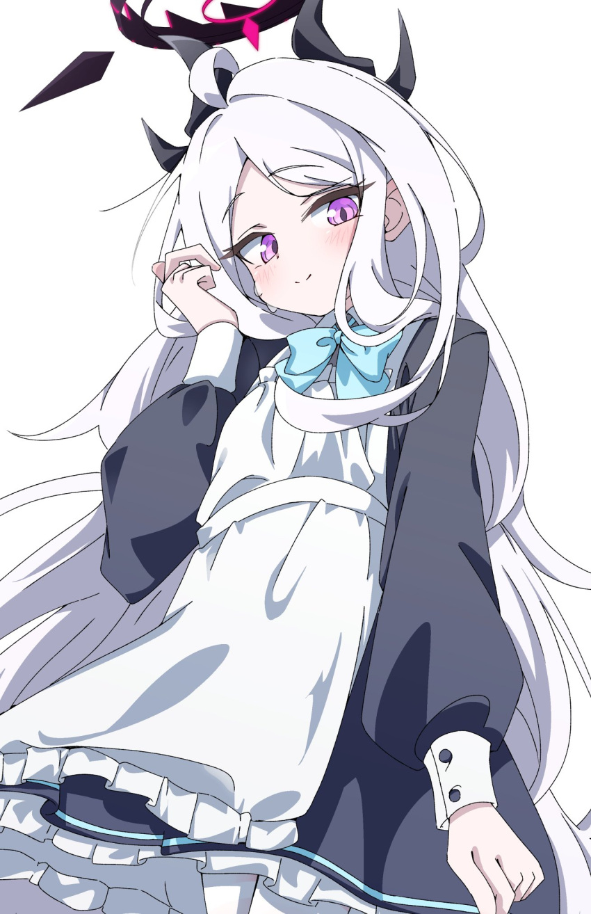 1girl, ahoge, apron, black_halo, blue_archive, blush, breasts, commentary_request