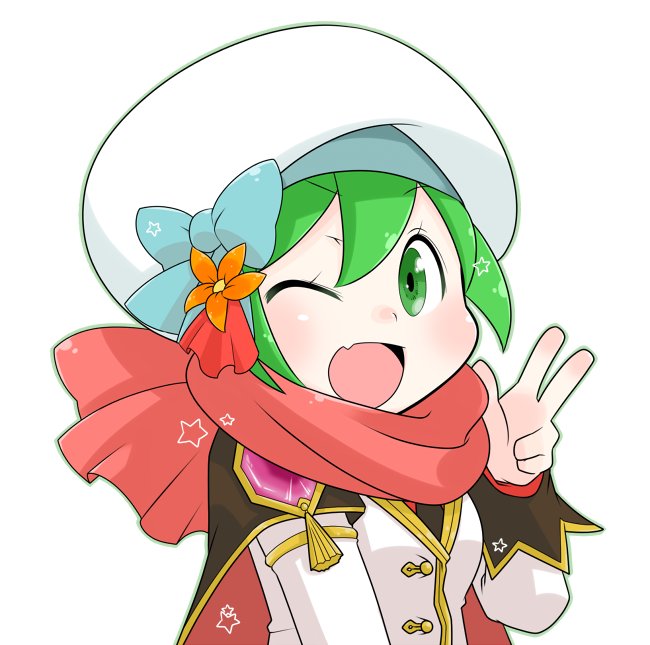 1girl, blue_bow, blush, bow, brown_cape, cape, commentary_request, fang