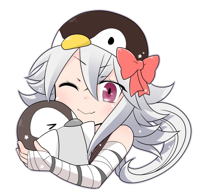 1girl, bandaged_arm, bandages, blush, bow, closed_mouth, commentary_request, grey_hair