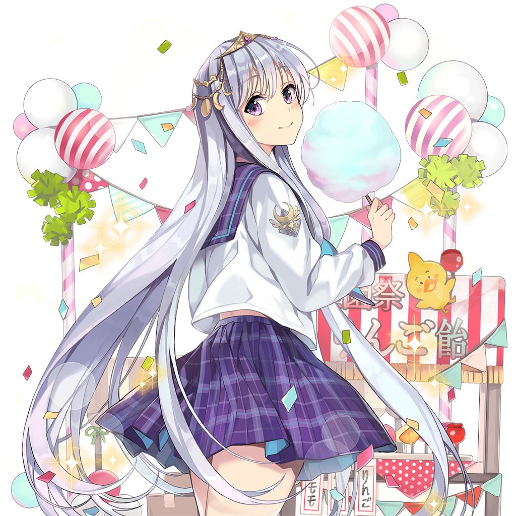 artemis_(uchihime), back, balloon, closed_mouth, crescent, crescent_hair_ornament, grey_hair, hair_ornament