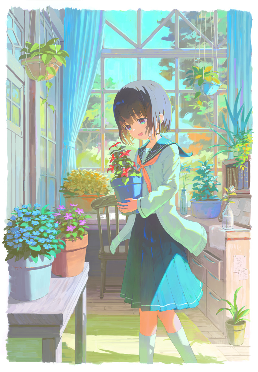 1girl, blue_eyes, blue_flower, blue_sailor_collar, blue_skirt, blue_sky, book, bookshelf