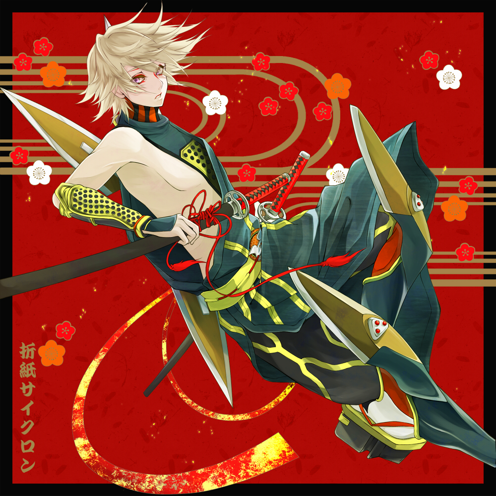 bare_shoulders, blonde_hair, egasumi, gaika, geta, ivan_karelin, katana, kote