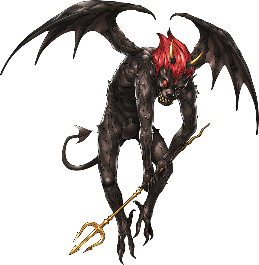 1boy, artist_request, black_skin, colored_skin, daemon_(megami_tensei), demon_(megami_tensei), demon_tail, demon_wings, holding, holding_pitchfork, horns, official_art, pitchfork, red_eyes, red_hair, sharp_teeth, shin_megami_tensei, shin_megami_tensei_v, solo, spiked_skin, spikes, tail, teeth, third-party_source, transparent_background, wings