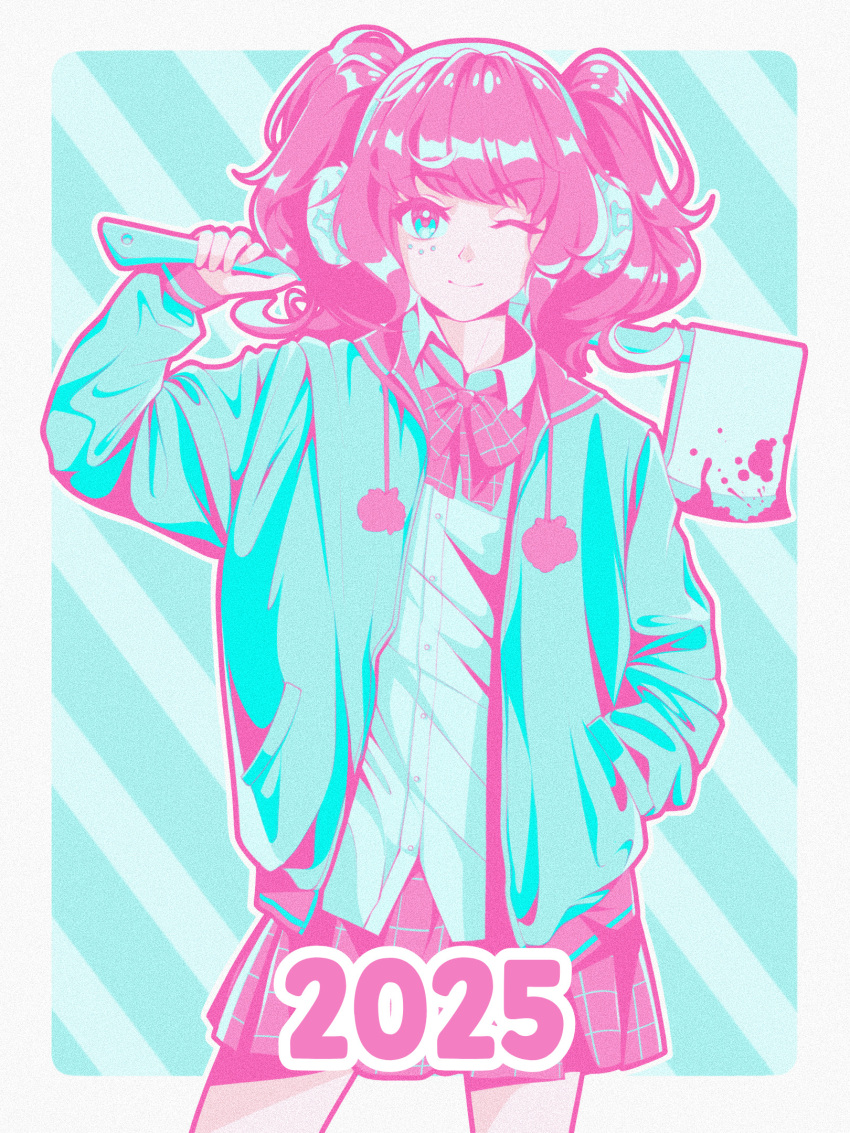 1girl, 2025, ;), aqua_background, aqua_eyes, aqua_jacket, aqua_shirt, axe