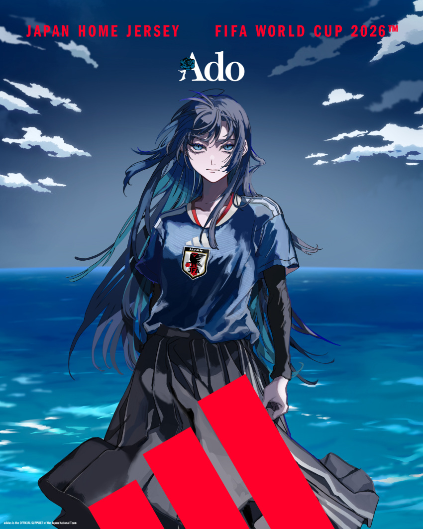 1girl, 2026_fifa_world_cup, adidas, ado_(utaite), black_shirt, black_skirt, blue_eyes, blue_hair