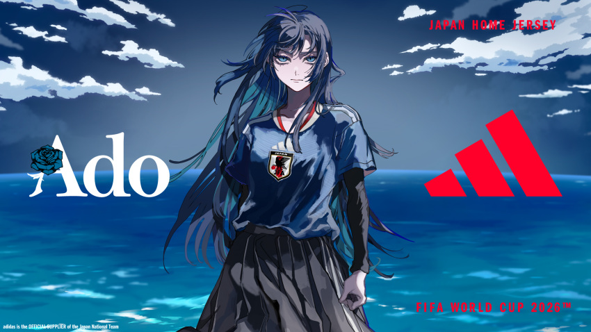 1girl, 2026_fifa_world_cup, adidas, ado_(utaite), black_shirt, black_skirt, blue_eyes, blue_hair