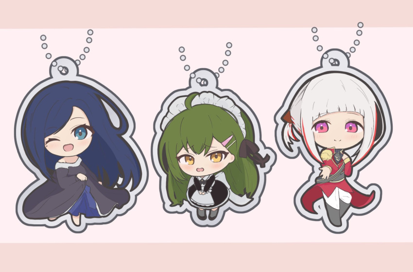 3girls, ;d, ahoge, alternate_costume, alternate_universe, arched_bangs, bare_shoulders, black_boots, black_dress, black_shirt, blue_eyes, blue_hair, boots, charm_(medium), cho_toutoi_love, collared_dress, commentary_request, dress, embarrassed, epaulettes, green_hair, highres, jacket, link!_like!_love_live!, long_hair, long_sleeves, looking_at_viewer, love_live!, maid, maid_headdress, mole, mole_under_eye, multicolored_hair, multiple_girls, murano_tsukasa, off-shoulder_dress, off_shoulder, offering_hand, official_alternate_costume, ogami_sachi, one_eye_closed, pants, peanut_mouth, pink_eyes, prince, princess, red_hair, red_jacket, red_streaks, shirt, short_side_ponytail, side_ponytail, sidelocks, skirt_hold, smile, streaked_hair, tokusa_(sachi_biglove), very_long_hair, virtual_youtuber, white_hair, white_pants, yellow_eyes, yugiri_tsuzuri