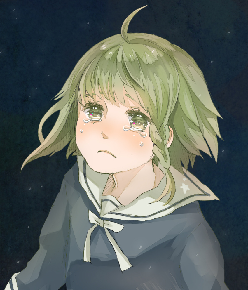 bad_id, braid, green_eyes, green_hair, gumi, highres, school_uniform, serafuku