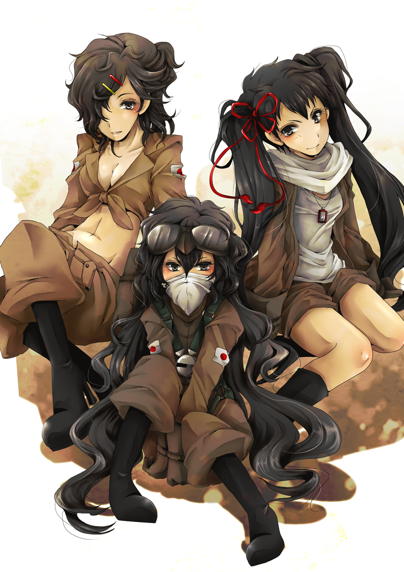 black_hair, boots, breasts, cleavage, dog_tags, gloves, goggles, goggles_on_head, hair_over_one_eye, long_hair, midriff, military, military_uniform, multiple_girls, okatsukisei, personification, scarf, shin'ya_tai, shin'ya_tai, short_hair, twintails, uniform, wavy_hair