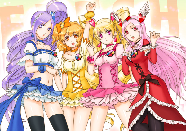 aono_miki, arm_up, bare_shoulders, black_legwear, blonde_hair, bow, chickenb, choker