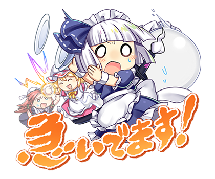 3girls, alternate_costume, apron, blonde_hair, bow, bowtie, braid, chibi