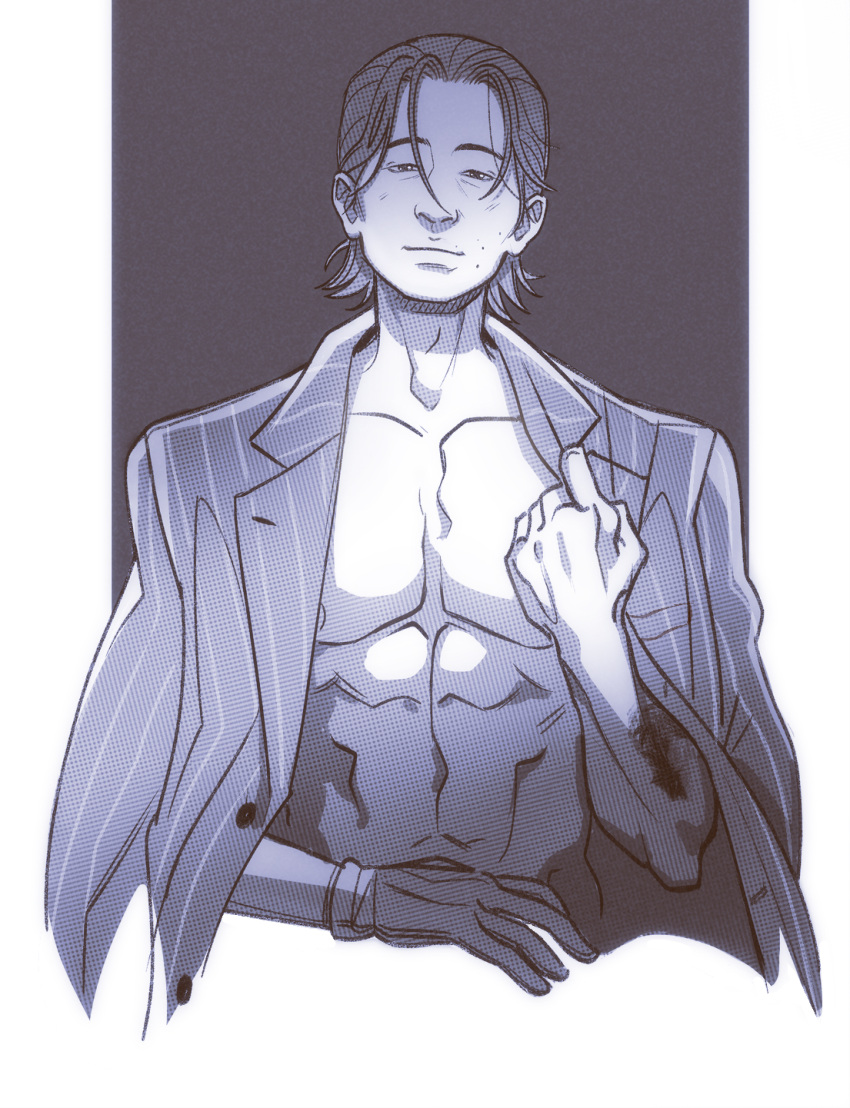 1boy, arm_tattoo, bare_pectorals, bat_tattoo, gloves, highres, jacket, jacket_on_shoulders