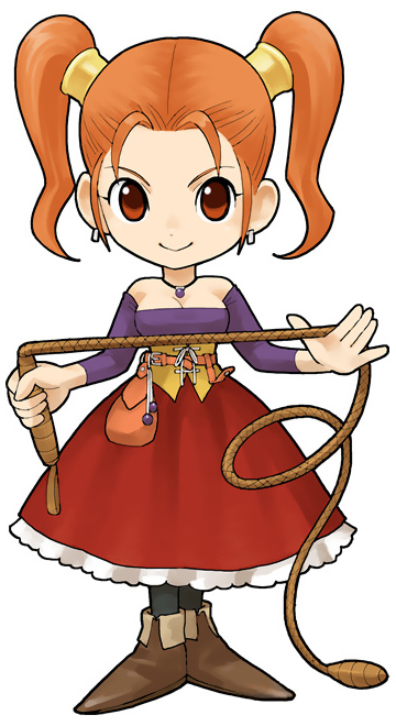 cleavage, corset, dragon_quest, dragon_quest_viii, dress, earrings, itadaki_street, jessica_albert, jewelry, official_art, red_dress, red_eyes, red_hair, redhead, short_twintails, simple_background, smile, solo, standing, strapless_dress, twintails, whip