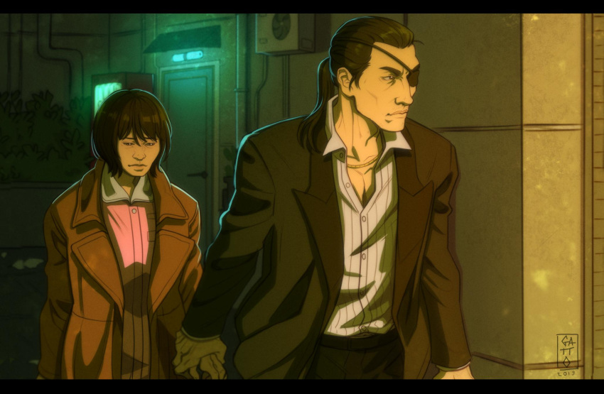 1boy, 1girl, black_hair, black_jacket, chain, chain_necklace, cheekbones, collared_shirt