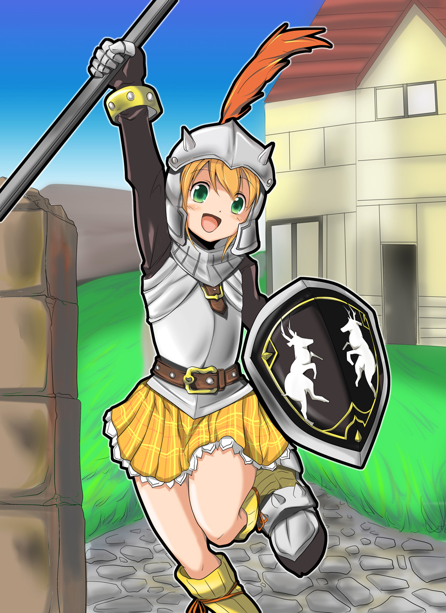 :d, arm_up, armor, armored_dress, belt, blonde_hair, boots, bracelet, cecile, cecile_(suikoden), deer, dress, feathers, gensou_suikoden, gensou_suikoden_iii, gloves, green_eyes, happy, helmet, highres, house, jewelry, knight, mukuroi, open_mouth, orange_dress, raised_arm, shield, short_hair, sky, smile, solo, suikoden