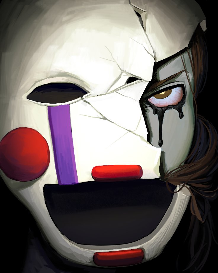 1girl, black_tears, blush_stickers, brown_eyes, brown_hair, charlotte_emily, commentary, cracked_kawaii_mask, cracked_mask, crying, five_nights_at_freddy's, five_nights_at_freddy's_2_(2025_movie), hashtag-only_commentary, looking_at_viewer, mask, poliling1, streaming_tears, tears, the_puppet_(fnaf)
