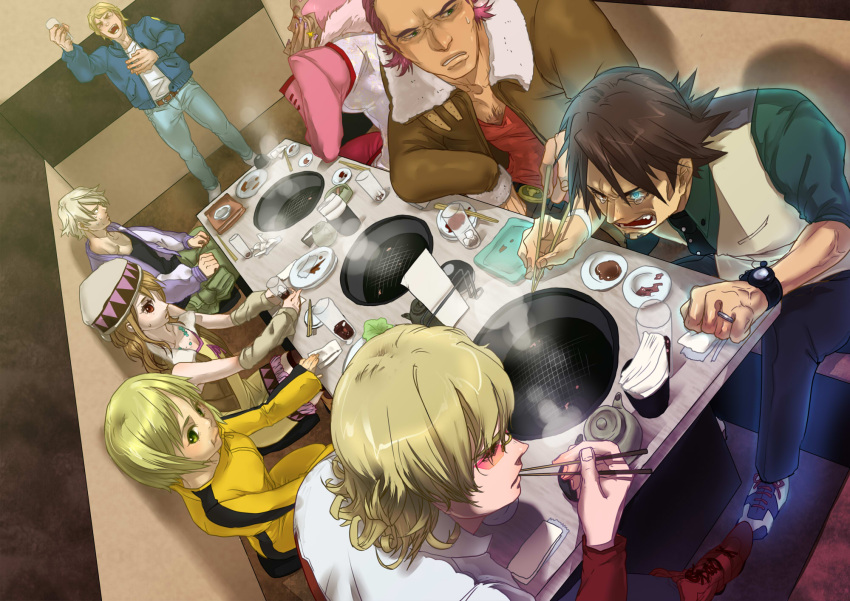 bare_shoulders, barnaby_brooks_jr, beer, blonde_hair, blue_eyes, blue_jacket, blue_rose_(tiger_&amp;_bunny), bomber_jacket