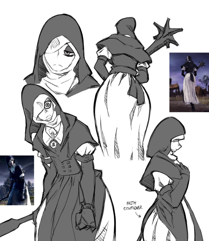 1girl, arm_at_side, black_bodice, black_capelet, black_gloves, black_hood, capelet, dress, elden_ring, elden_ring_nightreign, english_text, flanged_mace, from_below, from_side, frown, game_screenshot_inset, gloves, greyscale, half-closed_eyes, hand_on_own_chest, highres, hunched_over, jewelry, looking_to_the_side, mace, mechapen, monochrome, multiple_views, necklace, nun, one_eye_covered, undertaker_(elden_ring), weapon, white_background, white_coif, white_dress, wide-eyed