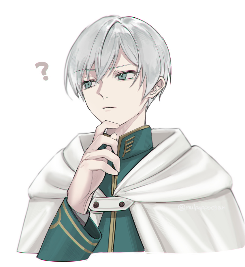 1boy, ?, arm_up, blue_eyes, closed_mouth, commentary_request, grey_hair, highres