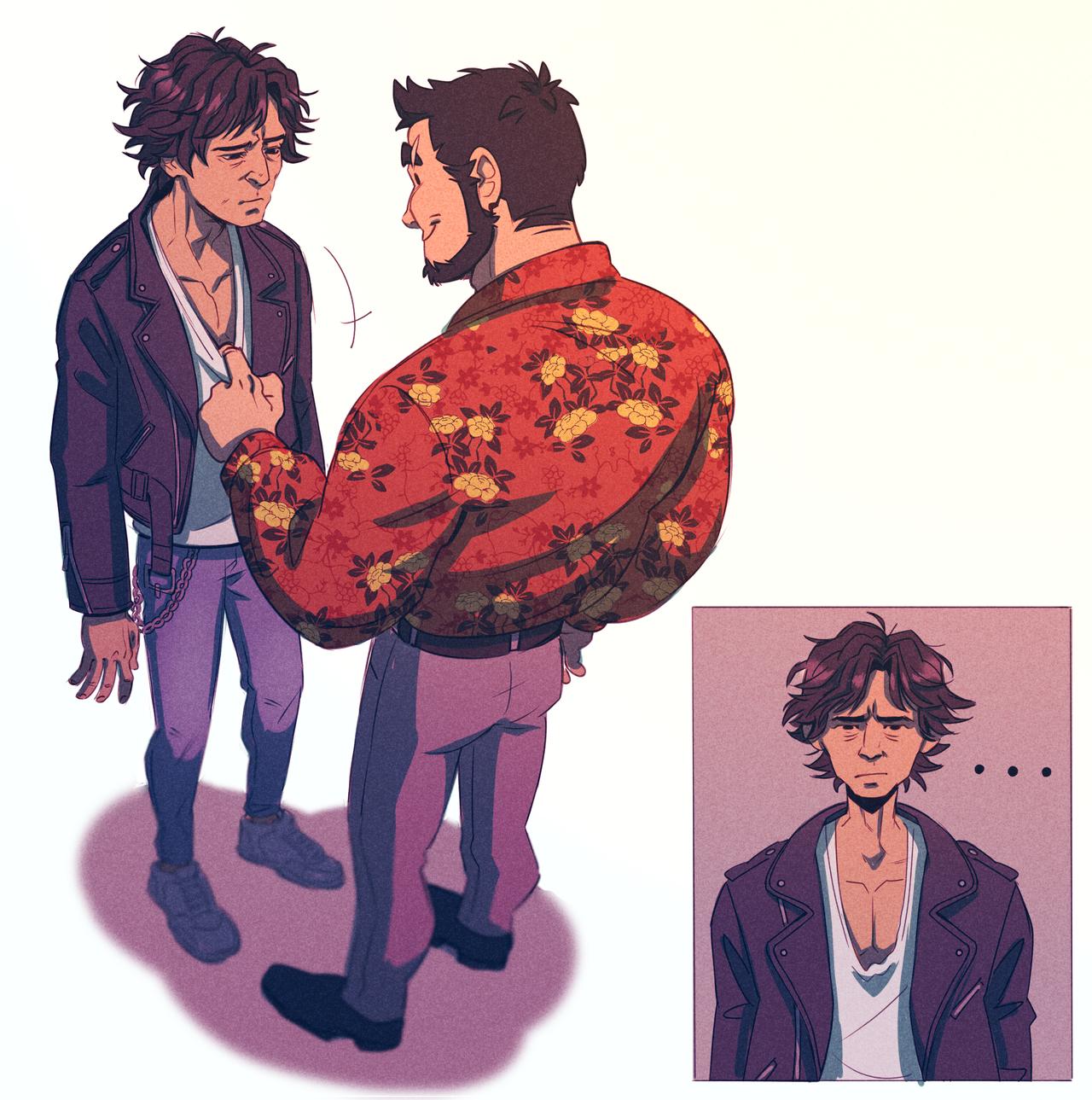 ..., 2boys, beard, black_hair, black_jacket, bored, clothes_pull, commentary