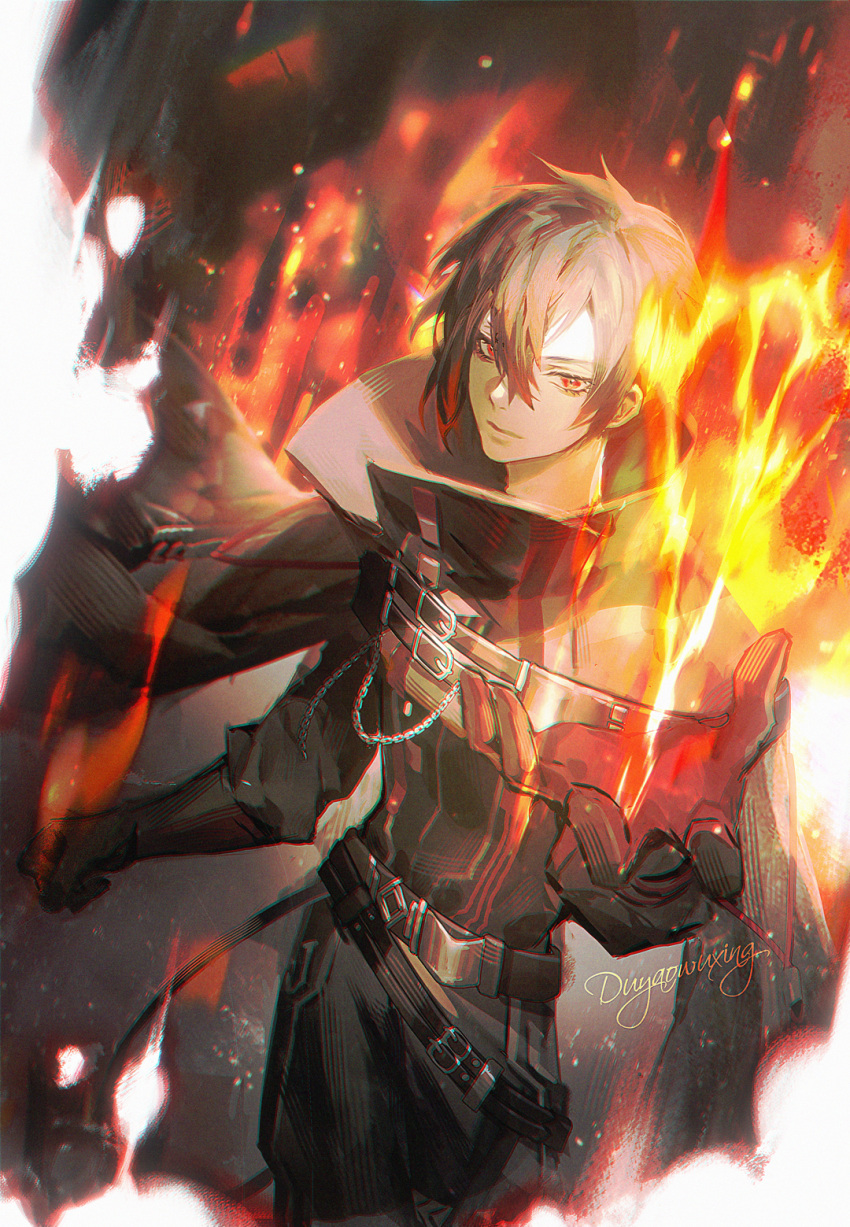 1boy, asymmetrical_sidelocks, ayn_alwyn, ayn_alwyn_(eden), belt, black_belt, black_cloak, black_gloves