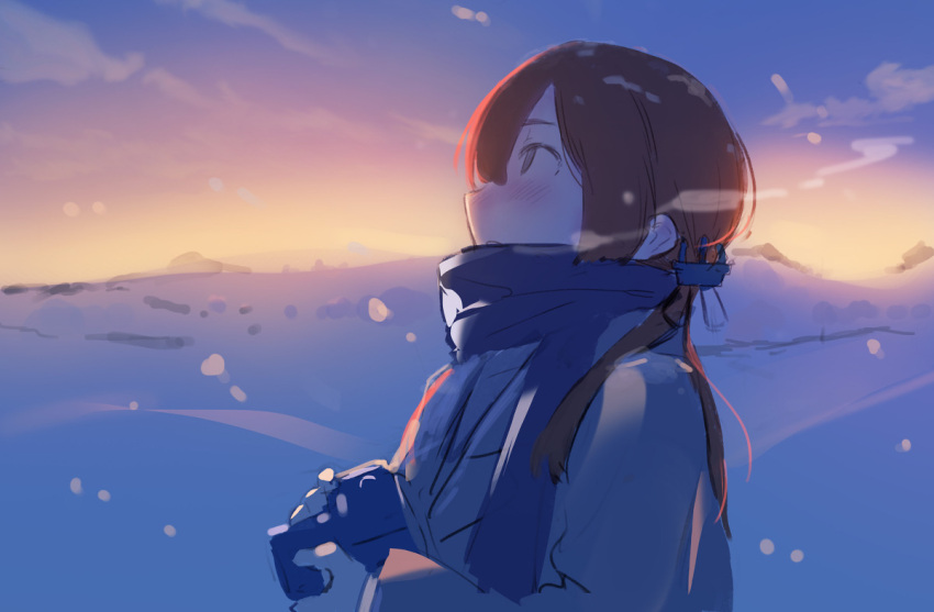 1girl, alternate_costume, anchor_hair_ornament, bad_id, blue_scarf, blush, brown_hair, camera