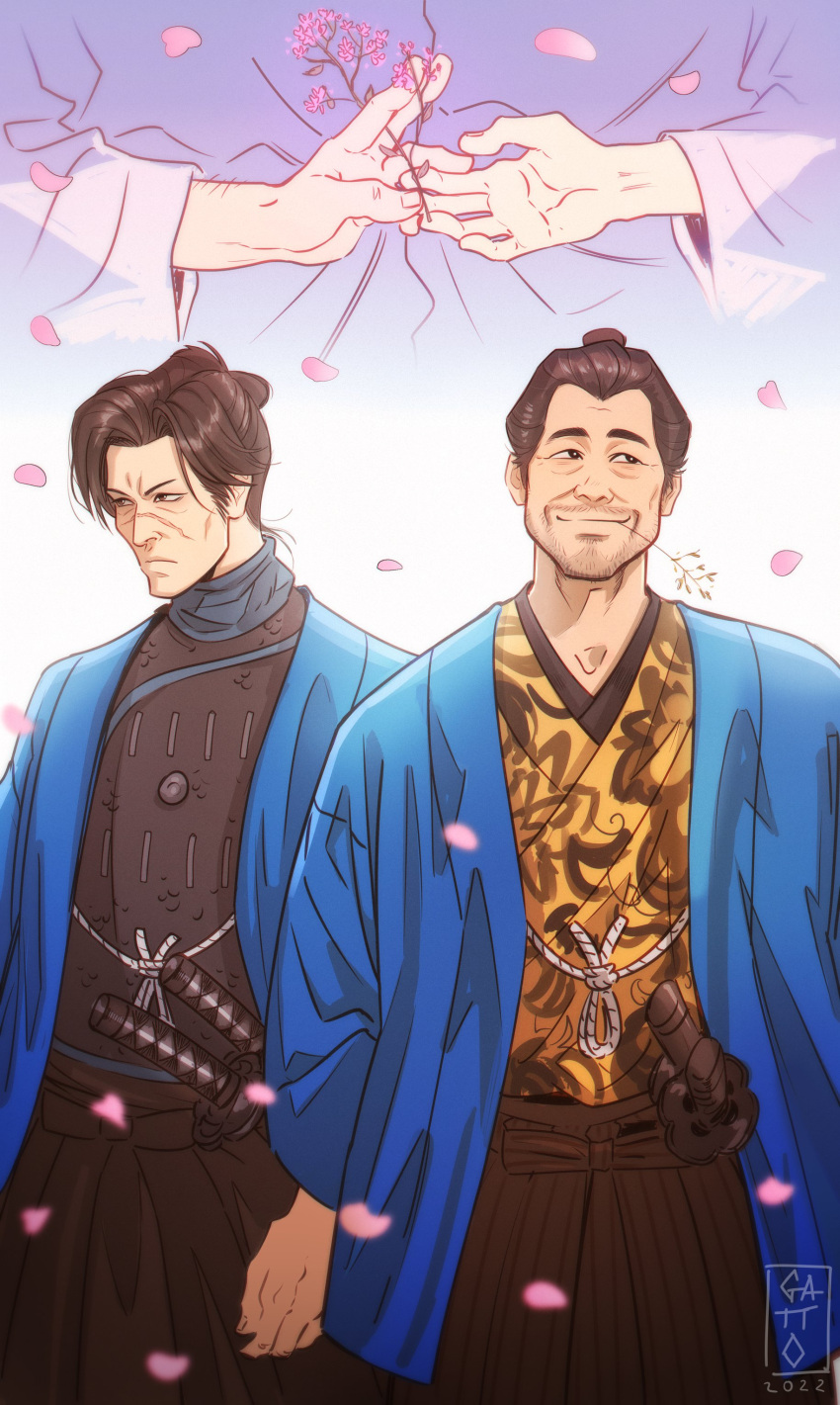 2boys, absurdres, adachi_koichi, armor, beard, black_hair, blue_haori, cherry_blossoms