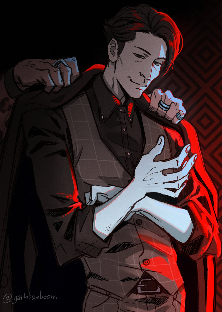 2boys, absurdres, akutsu_daimu, animal_print, black_hair, cheekbones, commentary, dressing_another