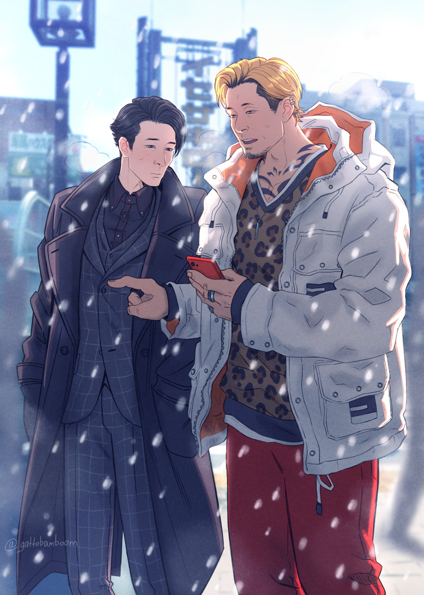2boys, absurdres, akutsu_daimu, animal_print, black_hair, blonde_hair, cellphone, city