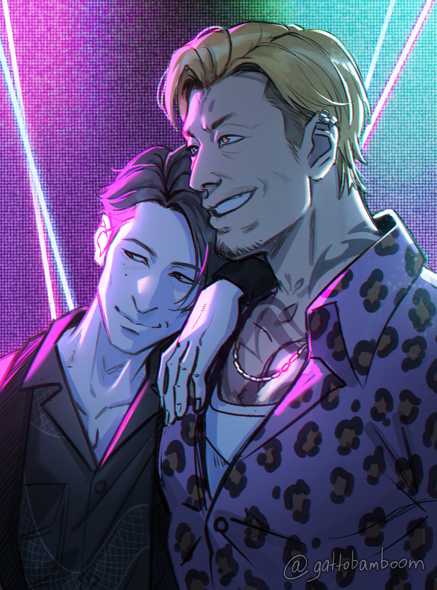 2boys, 2obys, akutsu_daimu, animal_print, beard, black_hair, blonde_hair, brown_eyes