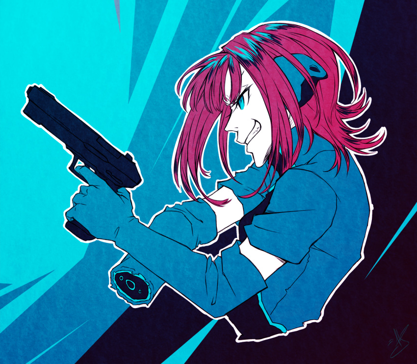 1girl, amputee, blue_background, blue_eyes, elbow_gloves, gloves, grin, gun, handgun, headphones, holding, holding_gun, holding_weapon, hoshi_soul, jacket, katori_squad's_uniform, katori_youko, long_hair, missing_limb, red_hair, short_sleeves, signature, smile, solo, weapon, world_trigger