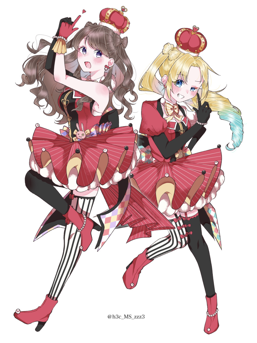 2girls, :d, absurdres, arched_crown, asymmetrical_gloves, asymmetrical_sleeves, bare_shoulders, black_gloves