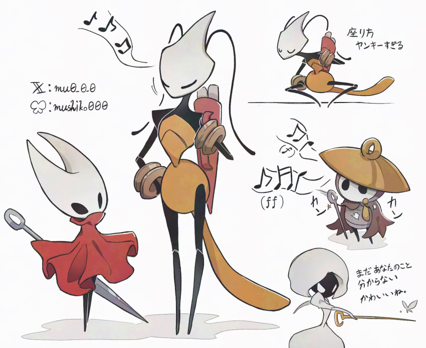 1boy, 3girls, arthropod_boy, arthropod_girl, artist_name, black_eyes, cloak, hashtag-only_commentary