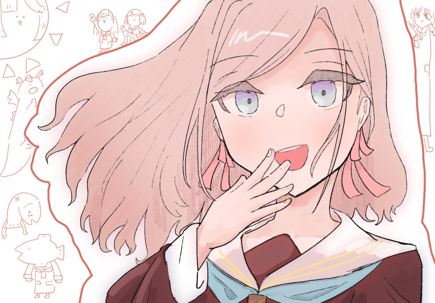 1girl, :d, a_vabo., anyoji_hime, aqua_neckerchief, brown_dress, ceras_yanagida_lilienfeld, commentary
