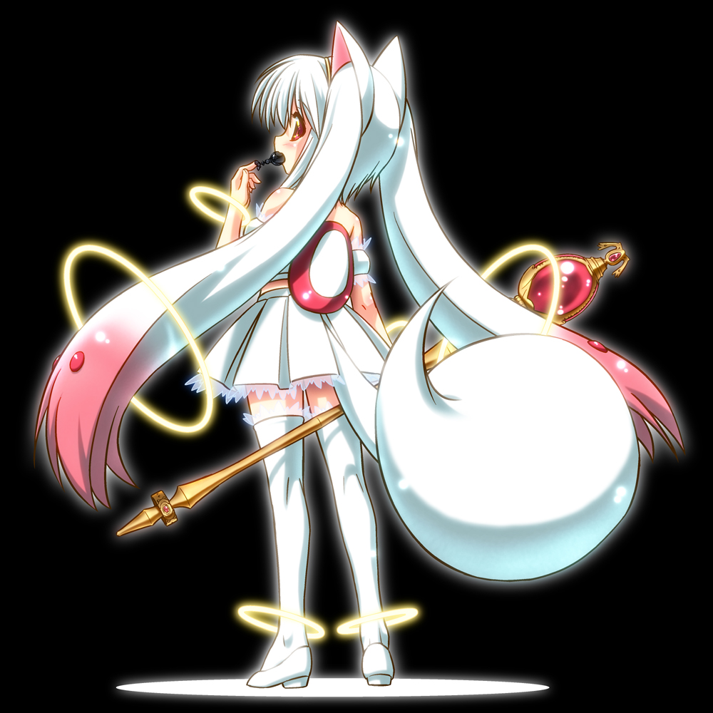 bare_shoulders, blush, eating, from_behind, genderswap, gradient_hair, grief_seed, kyubey, mahou_shoujo_madoka_magica, multicolored_hair, personification, pink_hair, red_eyes, scepter, shinjou_satomi, simple_background, solo, soul_gem, tail, thigh-highs, thighhighs, twintails, white_hair, white_legwear, zettai_ryouiki