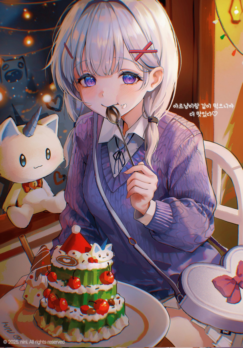 1girl, arnyang_(ayatsuno_yuni), ayatsuno_yuni, black_ribbon, blue_sweater, blush, cake, chair