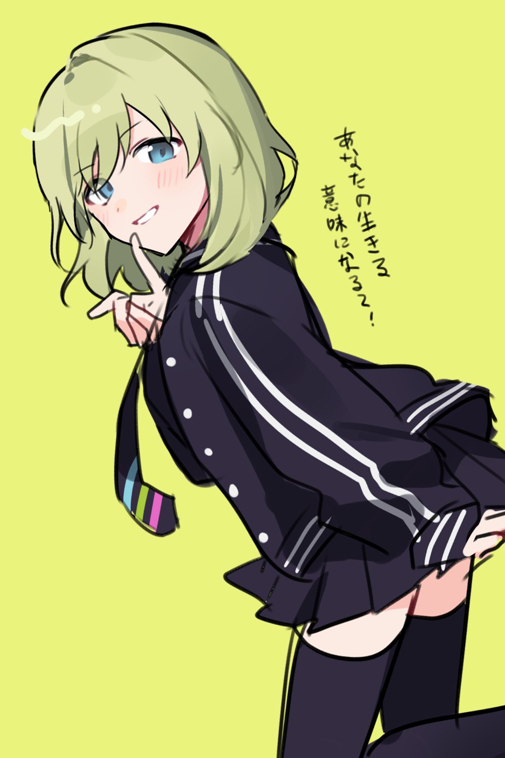 1girl, black_jacket, black_necktie, black_skirt, black_thighhighs, blue_eyes, blush, buttons
