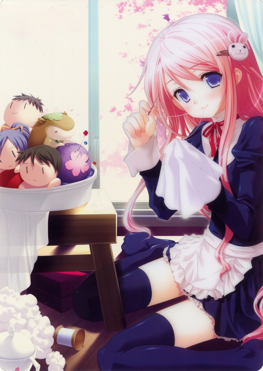 apron, black_legwear, blue_eyes, bunny, chibi, dress, hair_ornament, hairclip