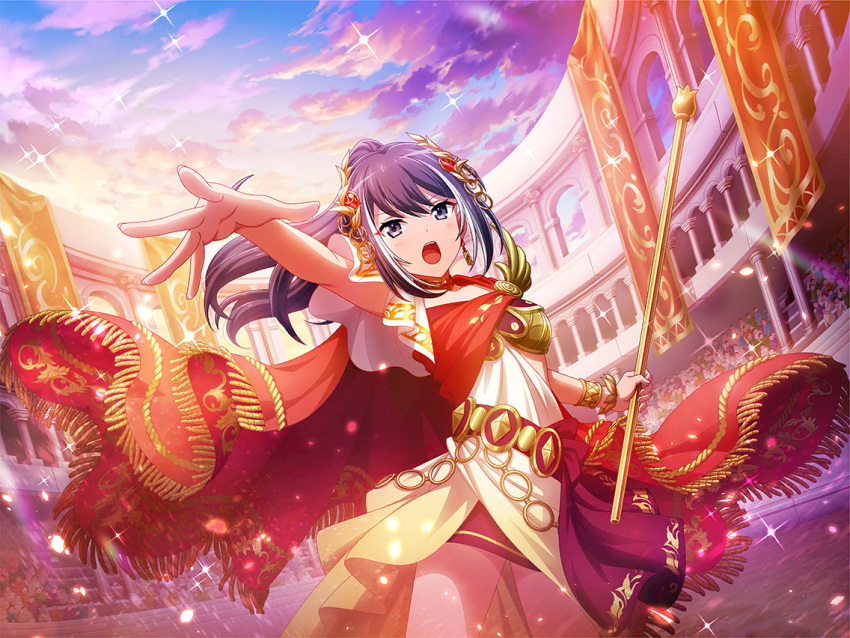 1girl, black_hair, cape, colosseum, contrapposto, cosplay, game_cg, greco-roman_clothes