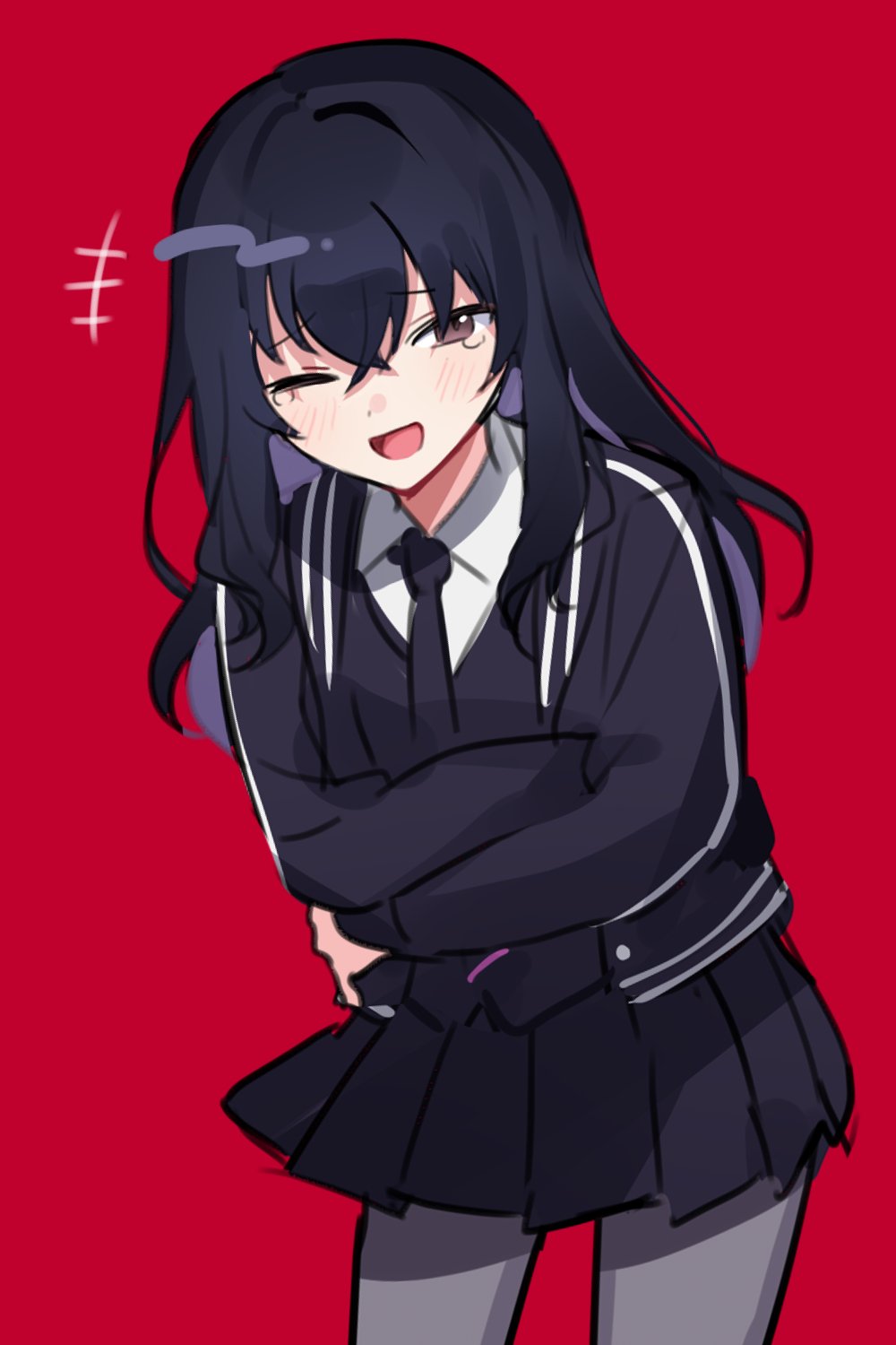 +++, 1girl, black_hair, black_jacket, black_necktie, black_skirt, black_sweater_vest, blush