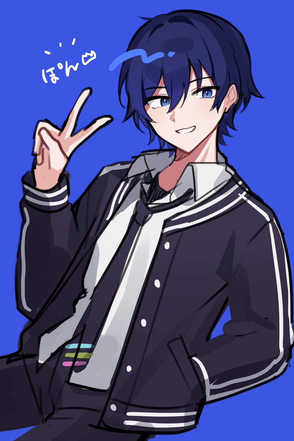 1boy, black_jacket, black_necktie, black_pants, blue_eyes, blue_hair, buttons, collared_shirt, commentary_request, cowboy_shot, hair_between_eyes, hand_in_pocket, highres, hiyama_ritsu, jacket, looking_at_viewer, male_focus, necktie, nijisanji, open_clothes, open_jacket, pants, parted_lips, school_uniform, shirt, short_hair, smile, solo, standing, v, virtual_talent_academy, virtual_talent_academy_school_uniform, virtual_youtuber, waka_(wk4444), white_shirt