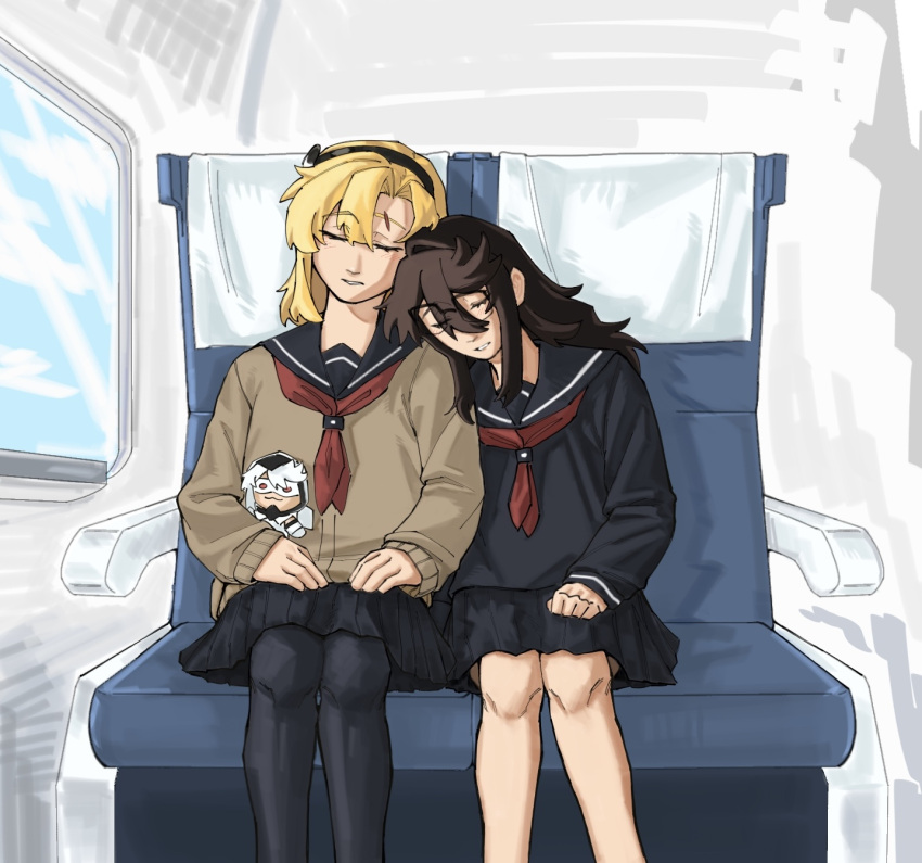 2girls, black_hairband, black_pantyhose, black_serafuku, black_skirt, blonde_hair, brown_cardigan, brown_hair