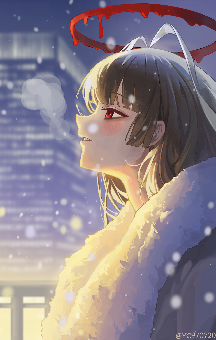 1girl, absurdres, antenna_hair, bags_under_eyes, black_hair, blue_archive, blunt_bangs, blush