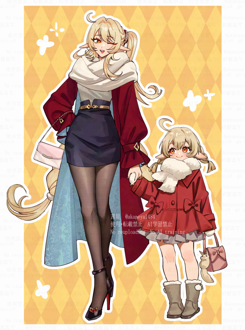 2girls, ahoge, alice_(genshin_impact), bag, bare_legs, belt, black_footwear, black_skirt, blonde_hair, boots, bow, braid, child, closed_mouth, coat, elf, eyebrows_visible_through_hair, fluffy, fur_boots, fur_trim, genshin_impact, hair_ornament, hair_vents, hand_holding, handbag, high_heels, highres, klee_(genshin_impact), long_hair, long_sleeves, looking_at_another, mother_and_daughter, ojo_aa, one_eye_closed, open_mouth, pantyhose, patterned_background, pencil_skirt, petticoat, pink_bow, pointy_ears, pom_pom_(clothes), ponytail, puffy_long_sleeves, puffy_sleeves, red_bow, red_coat, red_sleeves, ruffles, scarf, side_ponytail, skirt, smile, stuffed_animal, stuffed_toy, twin_braids, white_shirt, wink