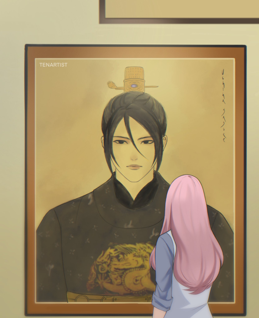 1boy, 1girl, alternate_costume, alternate_hairstyle, artist_name, back, black_hair, black_hanfu
