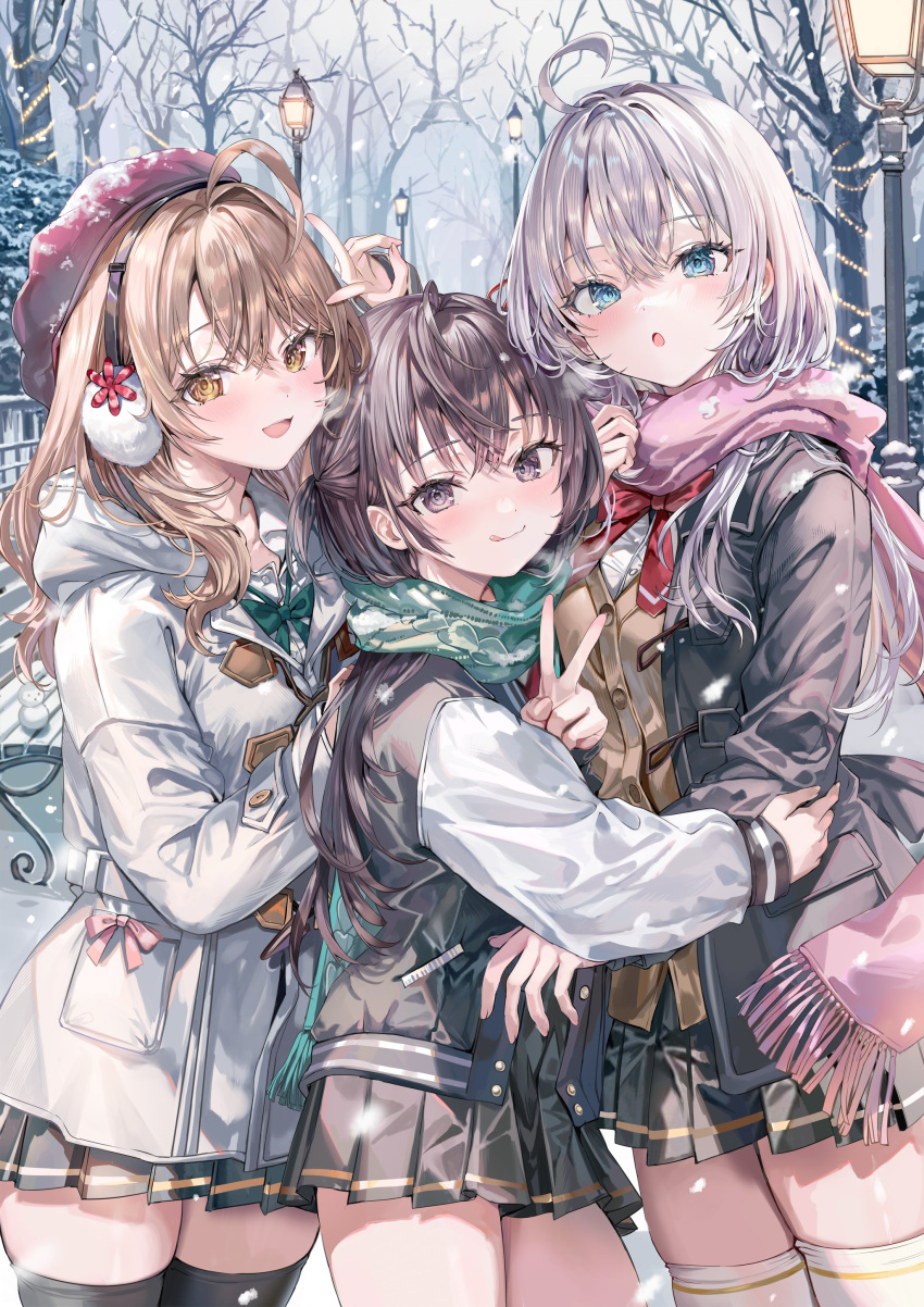 3girls, absurdres, ahoge, alisa_mikhailovna_kujou, beret, black_eyes, black_hair, black_hairband, black_jacket, black_skirt, black_thighhighs, blue_eyes, bow, bowtie, brown_hair, closed_mouth, commentary, green_bow, green_bowtie, green_scarf, grey_hair, hairband, hat, highres, jacket, long_hair, long_sleeves, looking_at_viewer, mariya_mikhailovna_kujou, momoko_(momopoco), multiple_girls, official_artist_extra, open_clothes, open_jacket, open_mouth, outdoors, parted_lips, pink_scarf, red_bow, red_bowtie, scarf, school_uniform, skirt, smile, standing, suou_yuki, symbol-only_commentary, thigh-highs, tokidoki_bosotto_roshia-go_de_dereru_tonari_no_alya-san, tongue, tongue_out, white_jacket, white_thighhighs, winter_uniform, yellow_eyes, zettai_ryouiki