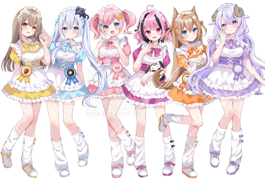 6+girls, :d, animal_ears, animal_on_head, apron, black_hair, blue_bow, blue_bowtie
