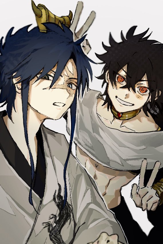 2boys, abs, arabian_clothes, black_eyes, black_hair, blue_eyes, blue_hair, blush