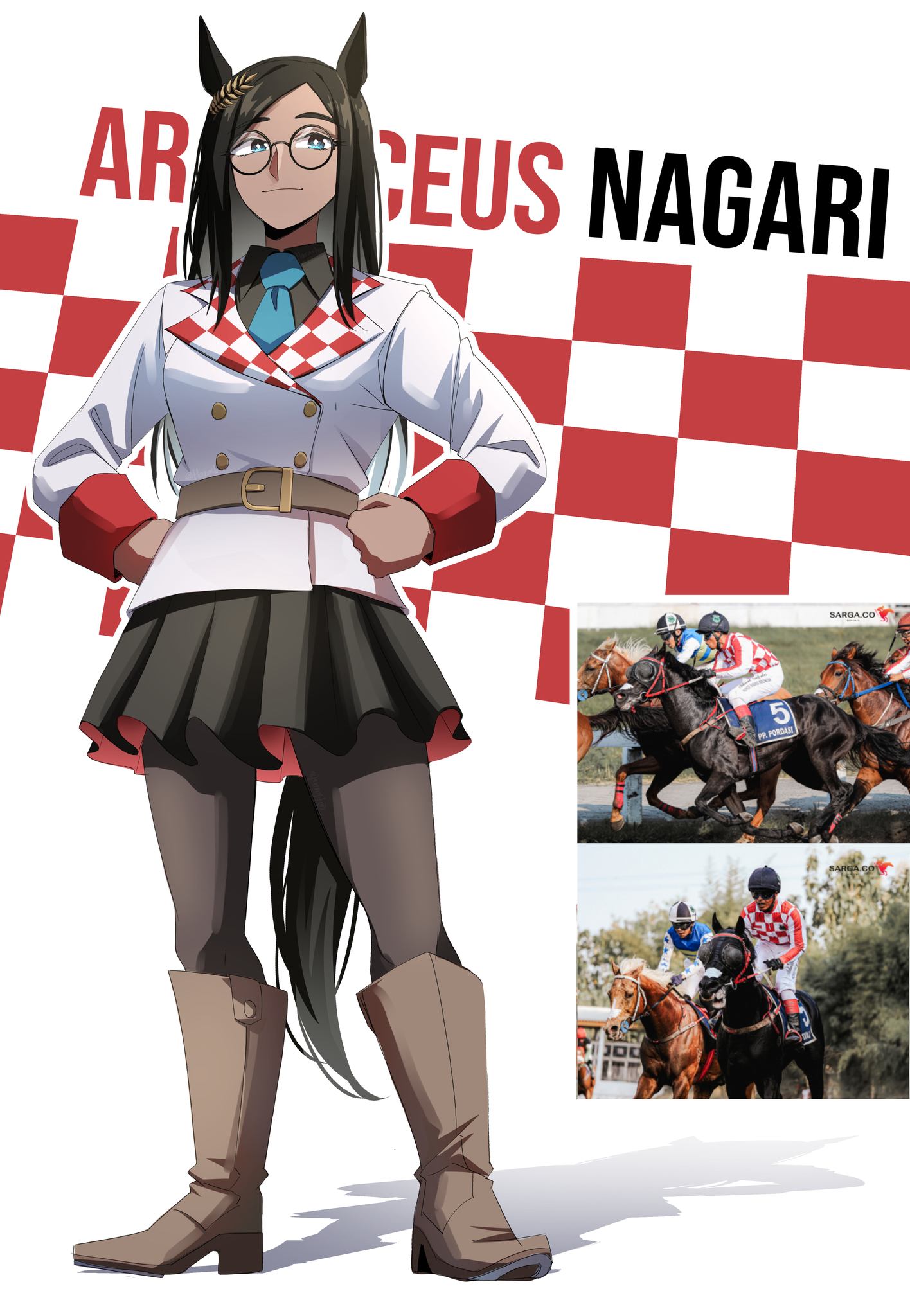 animal_ears, black_hair, boots, checkered_clothes, dark-skinned_female, dark_skin, glasses, hair_ornament